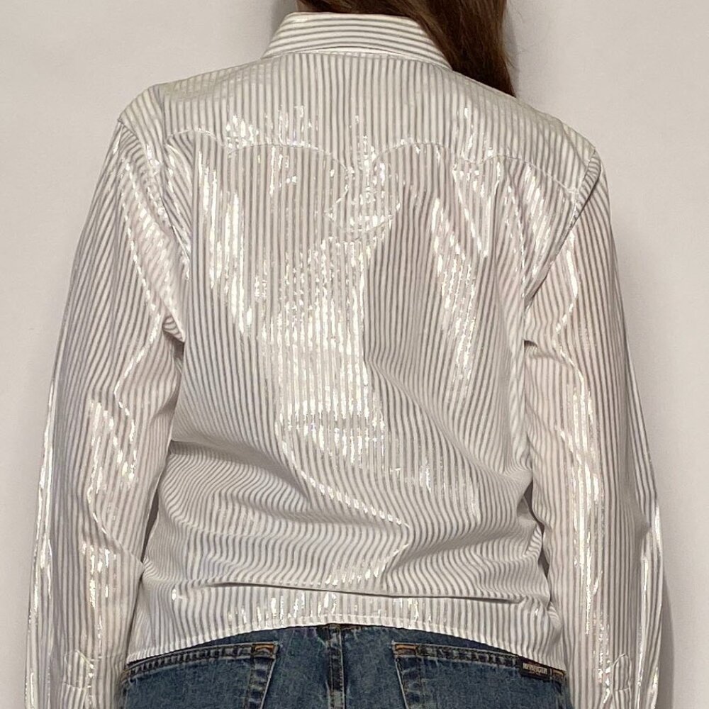 Vintage Y2K WRANGLER Metallic Silver Striped WESTERN Shirt! Large - Picture 6 of 15